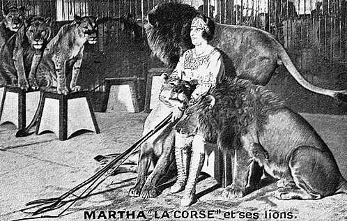Marffa la Corse, légende du domptage et sa ménagerie Jungle, en 1953